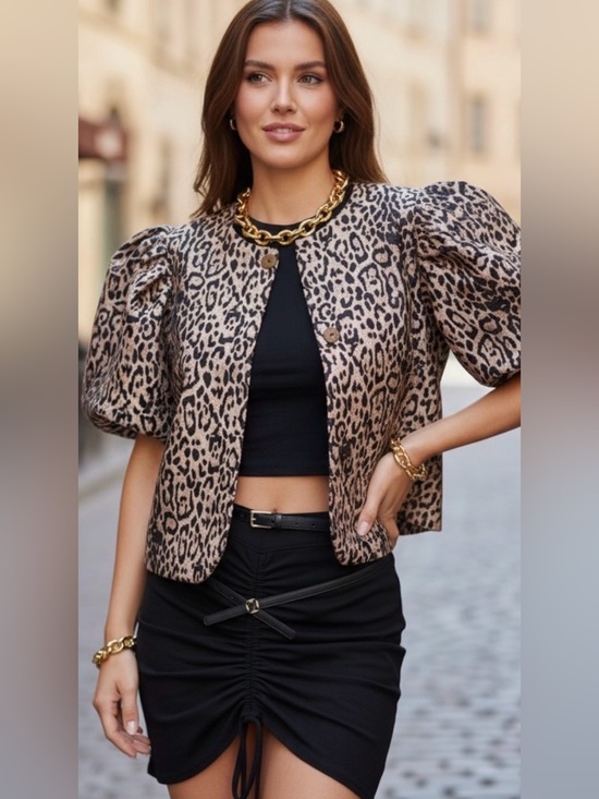 H&M Jackets & Blazers - H&M Leopard Print Puff Sleeve Pea Coat